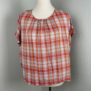 Madewell Women's Plaid Shirred Neck Boxy Top Multicolor Cotton AP256 Size XS